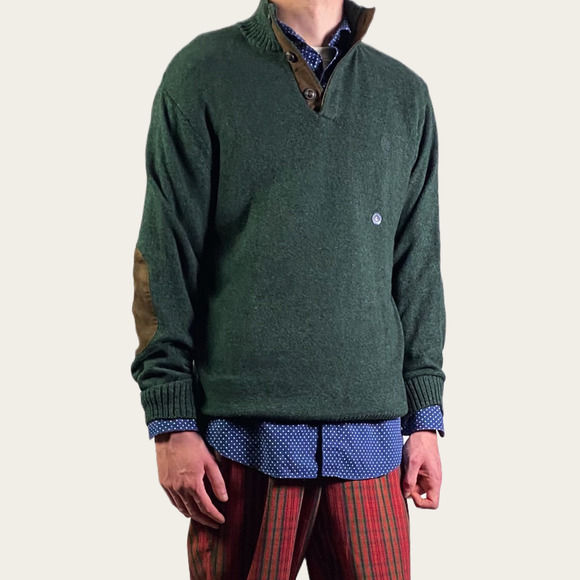 Chaps  Forest Green Elbow Patch Pullover Henley Sweater Sz L - Picture 1 of 5